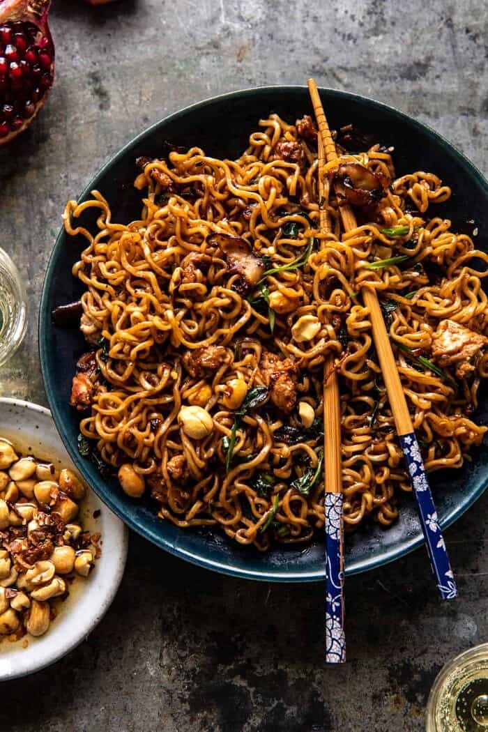 30 Minute Spicy Sesame Noodles with Ginger Chicken | halfbakedharvest.com overhead photo of 30 Minute Spicy Sesame Noodles with Ginger Chicken
