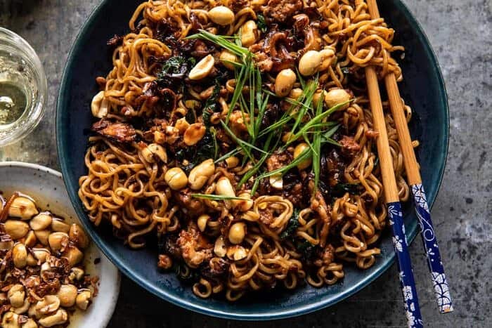 30 Minute Spicy Sesame Noodles with Ginger Chicken | halfbakedharvest.com overhead horizontal photo of 30 Minute Spicy Sesame Noodles with Ginger Chicken