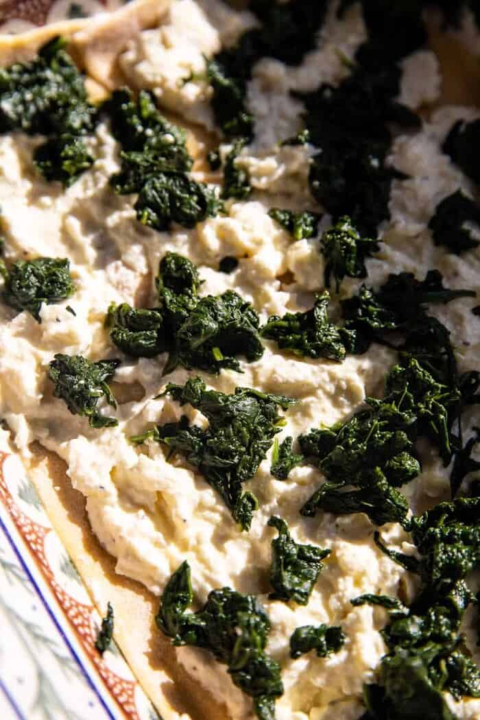 prep photo of 4 Cheese Sage Pesto Florentine Lasagna before baking