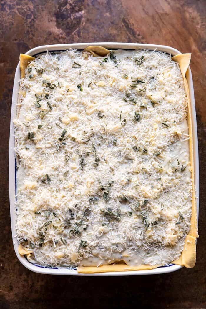 prep photo of 4 Cheese Sage Pesto Florentine Lasagna before baking