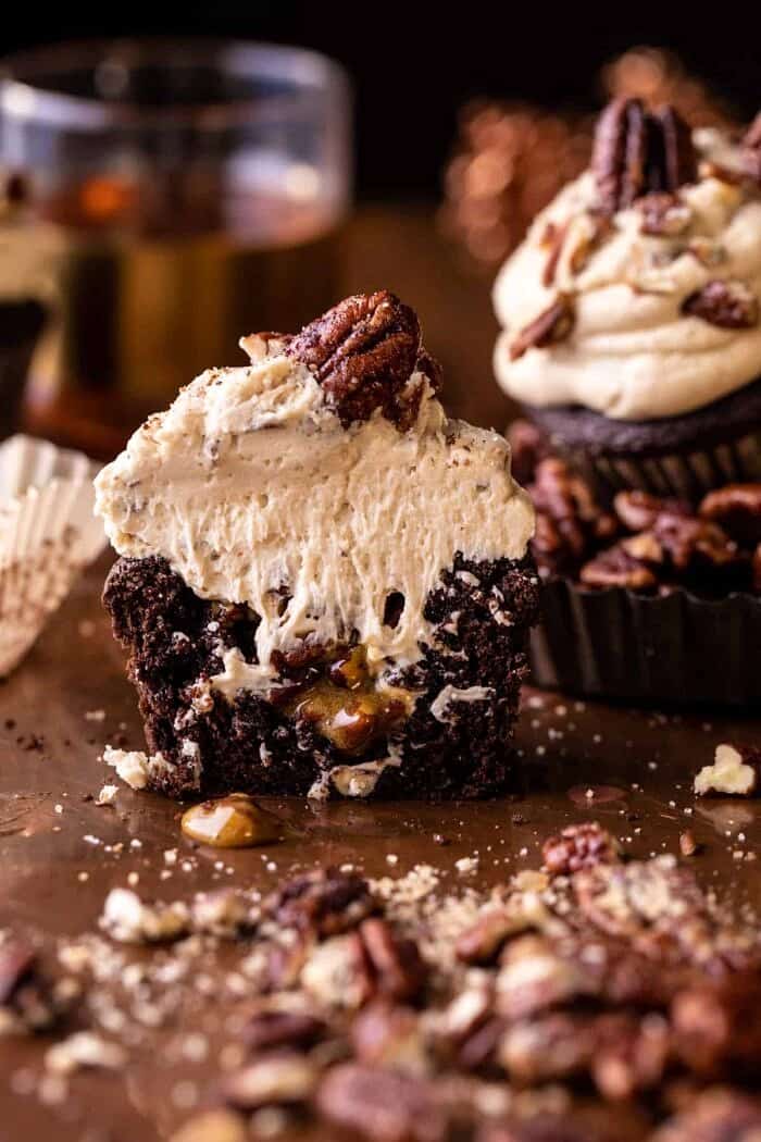 Chocolate Bourbon Pecan Pie Cupcakes with Butter Pecan Frosting | halfbakedharvest.com