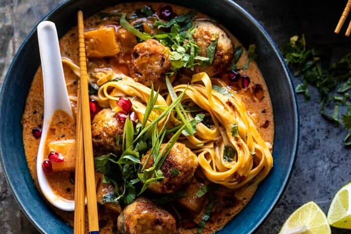 Creamy Coconut Chicken Meatball and Noodle Curry | halfbakedharvest.com overhead horizontal photo of Creamy Coconut Chicken Meatball and Noodle Curry