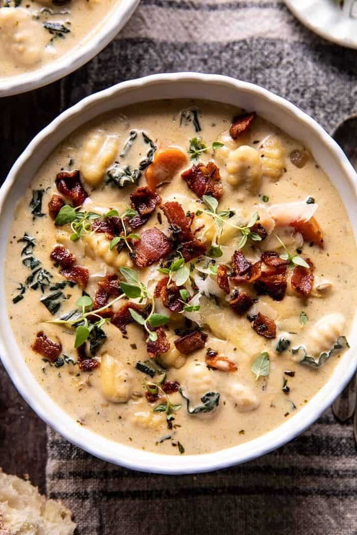 Creamy Gnocchi Soup with Rosemary Bacon | halfbakedharvest.com overhead close up photo of Creamy Gnocchi Soup with Rosemary Bacon