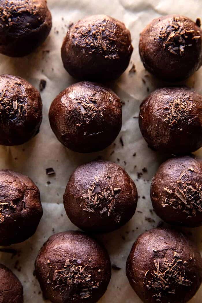 Crinkly Caramel Stuffed Brownie Cookies | halfbakedharvest.com prep photo of Caramel Stuffed Brownie Cookies before baking