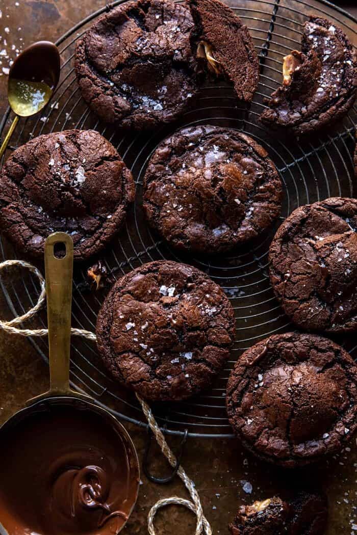 Crinkly Caramel Stuffed Brownie Cookies | halfbakedharvest.com overhead photo of Crinkly Caramel Stuffed Brownie Cookies
