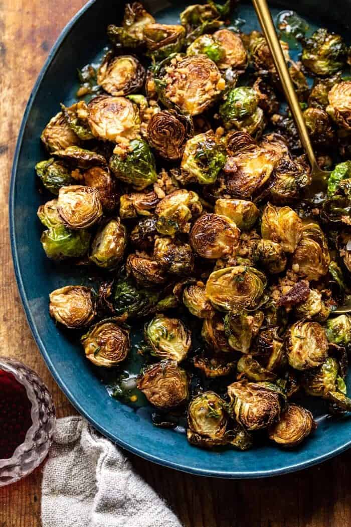 overhead photo of Fried Brussels Sprouts with Cider Vinaigrette and Bacon Breadcrumbs
