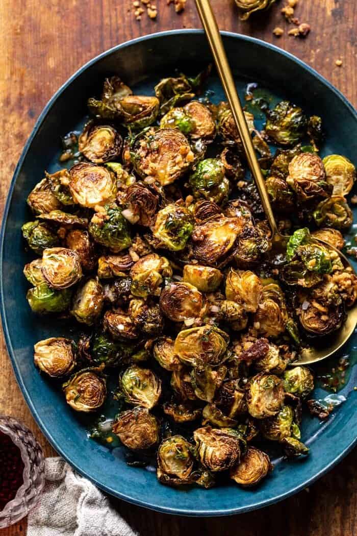 overhead photo of Fried Brussels Sprouts with Cider Vinaigrette and Bacon Breadcrumbs