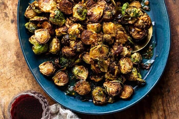 overhead horizontal photo of Fried Brussels Sprouts with Cider Vinaigrette and Bacon Breadcrumbs