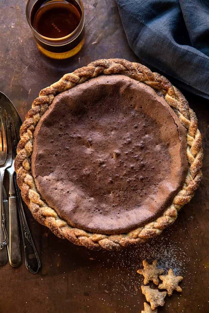 overhead photo of Molten Chocolate Crackle Pie after baking 