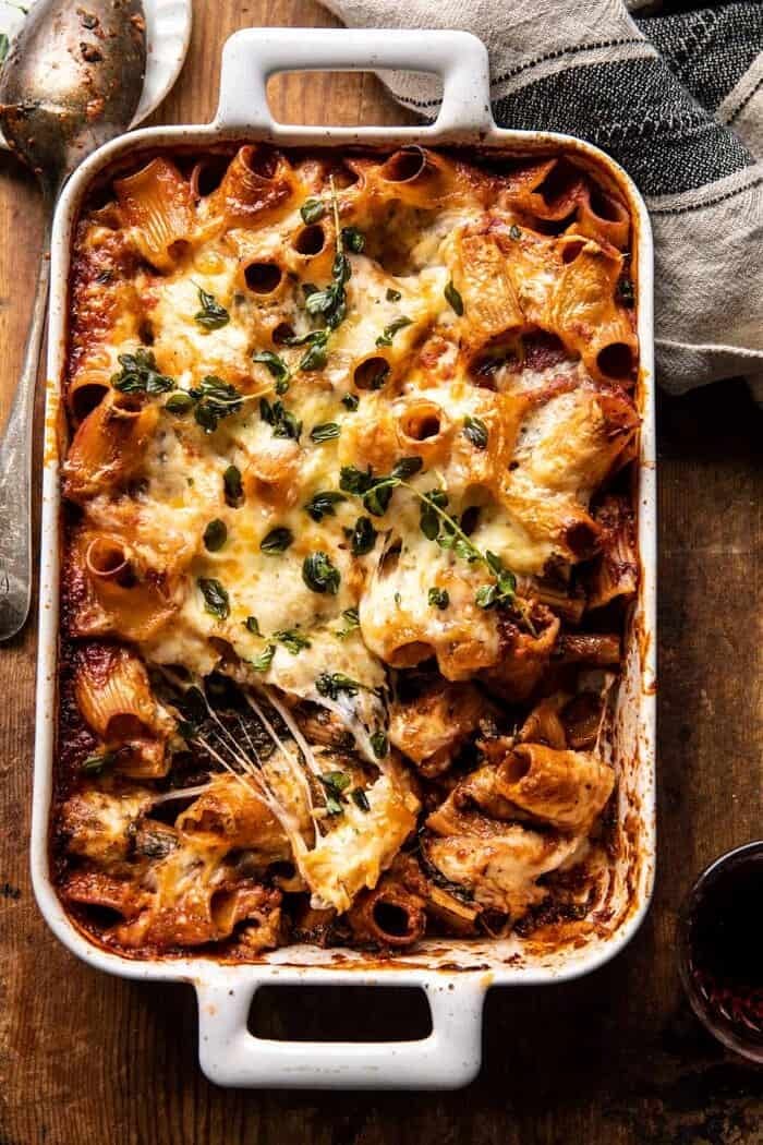 overhead photo of One Pan 4 Cheese Sun-Dried Tomato and Spinach Pasta Bake