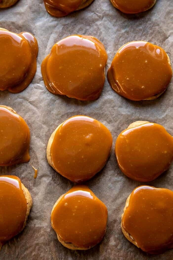 Slice n’ Bake Bourbon Caramel Pretzel Cookies | halfbakedharvest.com overhead photo of Slice n’ Bake Bourbon Caramel Pretzel Cookies before adding chocolate