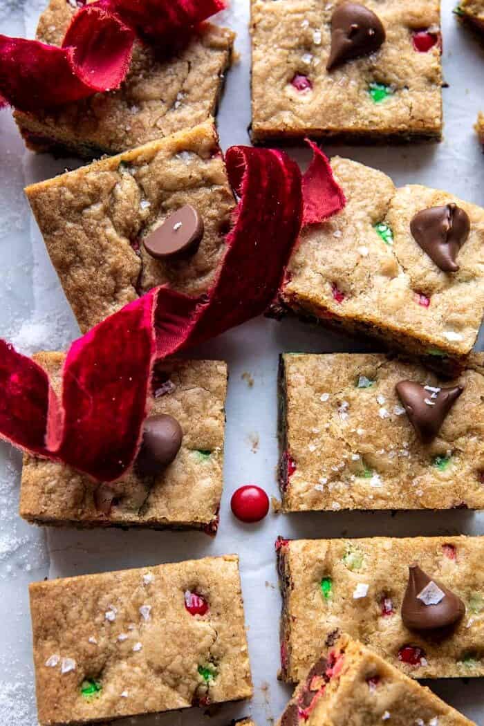 side angled close up photo of Brown Butter Christmas M&M Cookie Bars