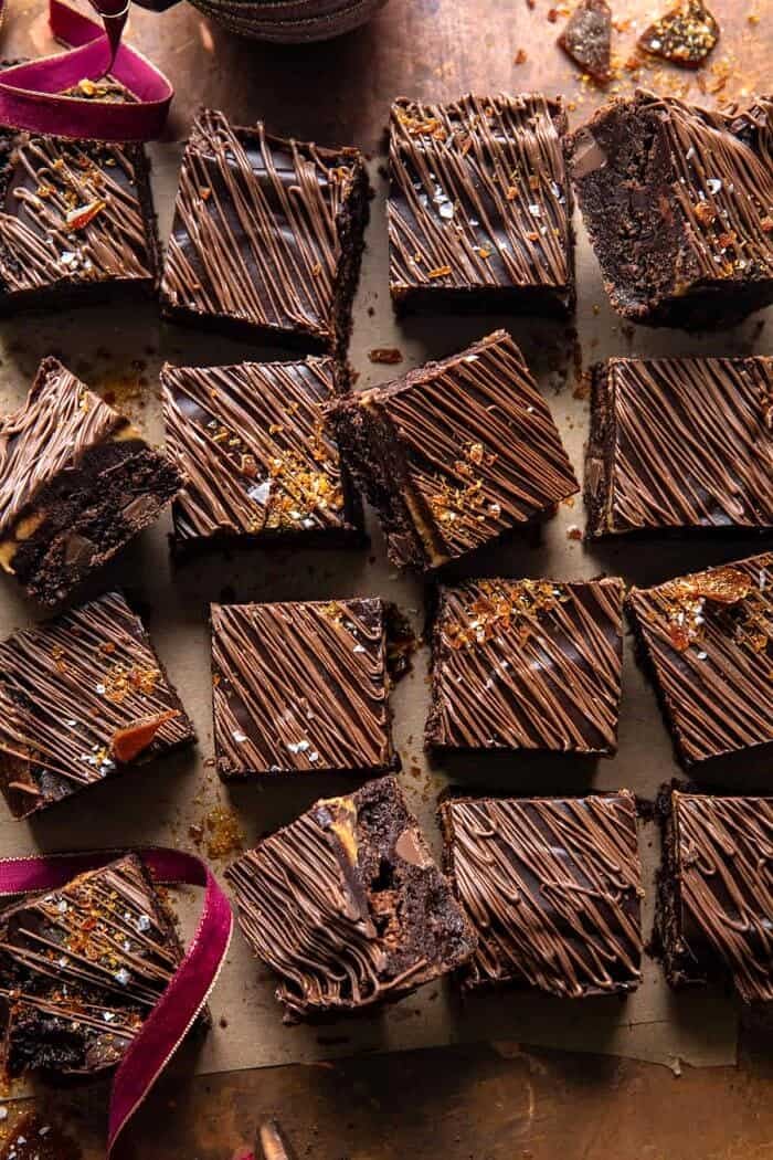 overhead photo of Milk Chocolate Peanut Butter Truffle Brownies