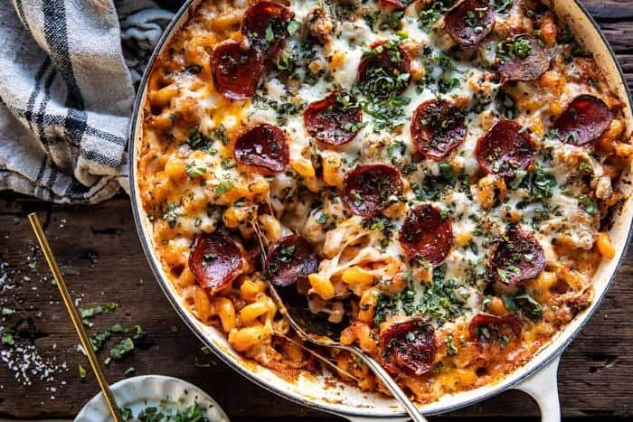 overhead horizontal photo of One Pot Spicy Alla Vodka Pizza Pasta 