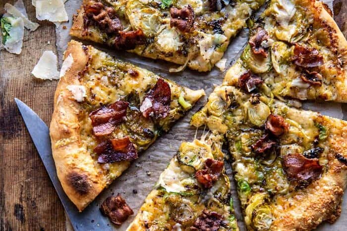 overhead horizontal photo of Shredded Brussels Sprout and Bacon Pizza
