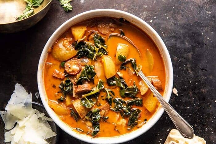 overhead horizontal photo of Smoky Potato and Kale Soup 