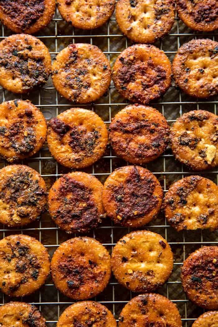 overhead photo of cracker on baking sheet 
