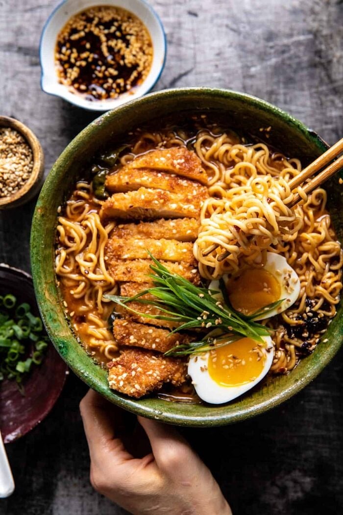 overhead photo of 30 Minute Spicy Miso Chicken Katsu Ramen 