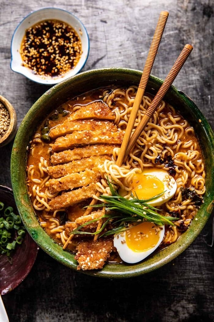 overhead photo of 30 Minute Spicy Miso Chicken Katsu Ramen 