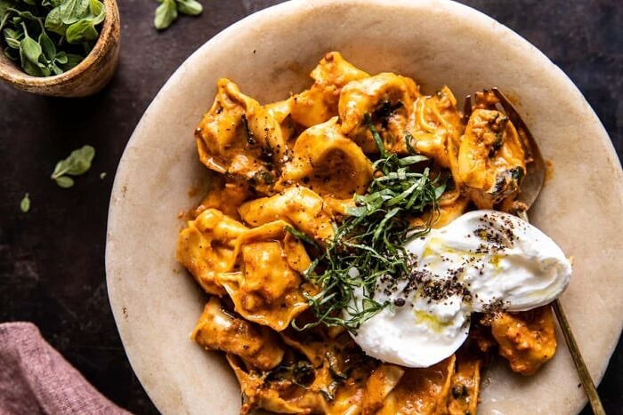 overhead horizontal photo of Creamy Roasted Red Pepper Tortellini 
