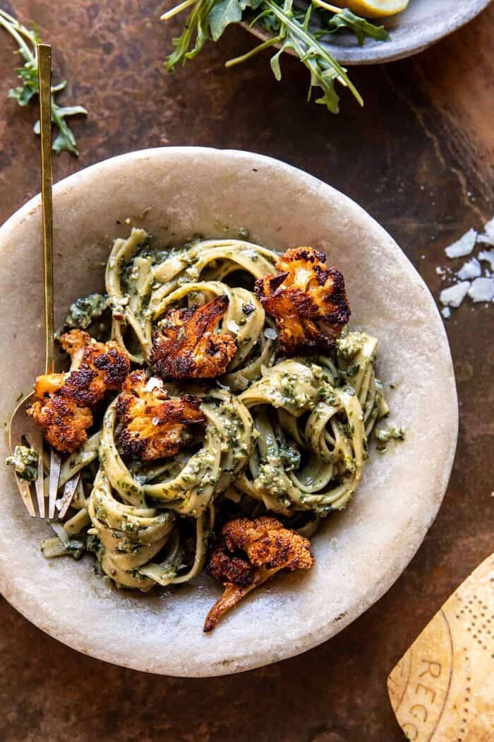 overhead photo of Crispy Roasted Cauliflower with Creamy Pesto Pasta 