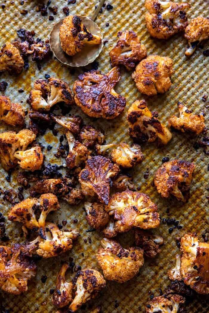 Crispy Roasted Cauliflower on baking sheet 