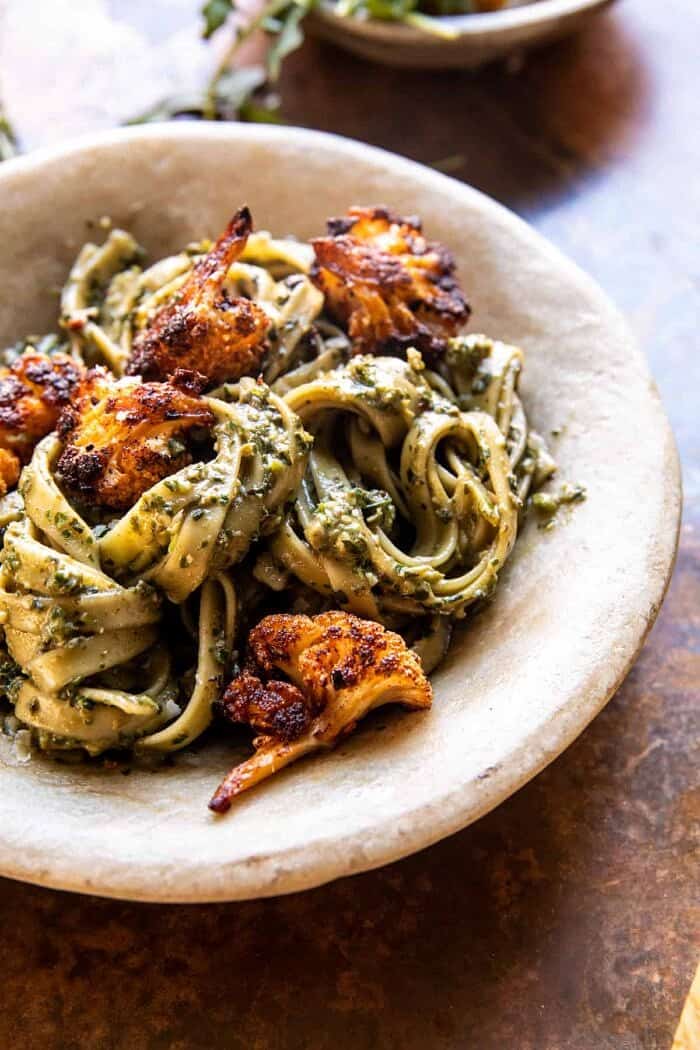 side angled photo of Crispy Roasted Cauliflower with Creamy Pesto Pasta 
