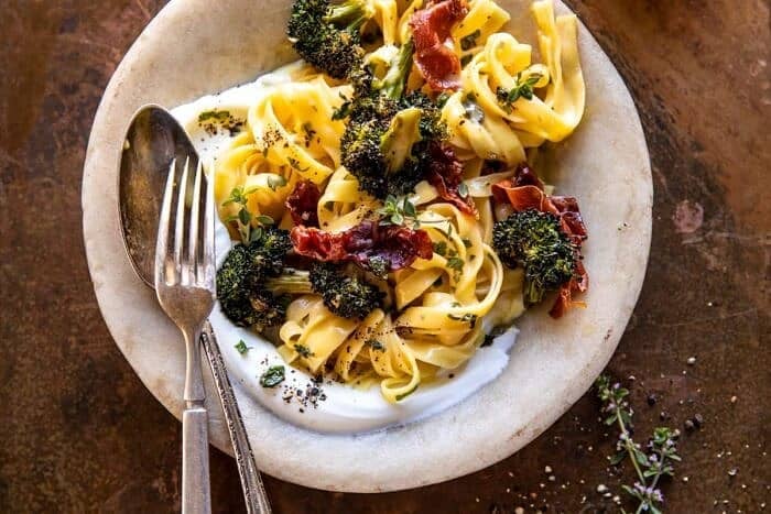 Roasted Broccoli Pasta Carbonara with Crispy Prosciutto and Whipped Ricotta | halfbakedharvest.com