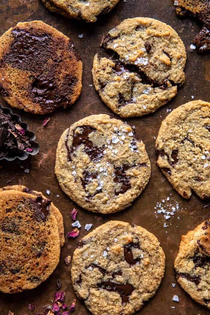 Salted Tahini Butter Chocolate Chip Cookies | halfbakedharvest.com overhead photo of Salted Tahini Butter Chocolate Chip Cookies
