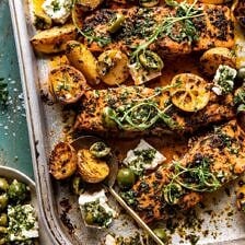 Sheet Pan Roasted Lemon Garlic Butter Salmon with Feta and Olives | halfbakedharvest.com
