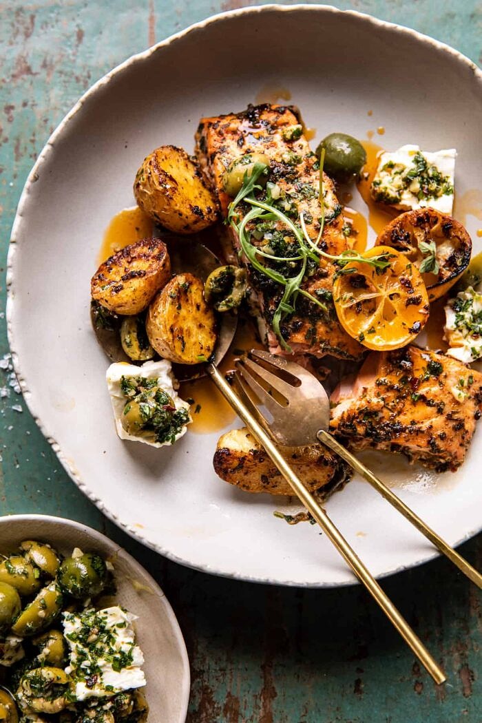 Sheet Pan Roasted Lemon Garlic Butter Salmon with Feta and Olives | halfbakedharvest.com