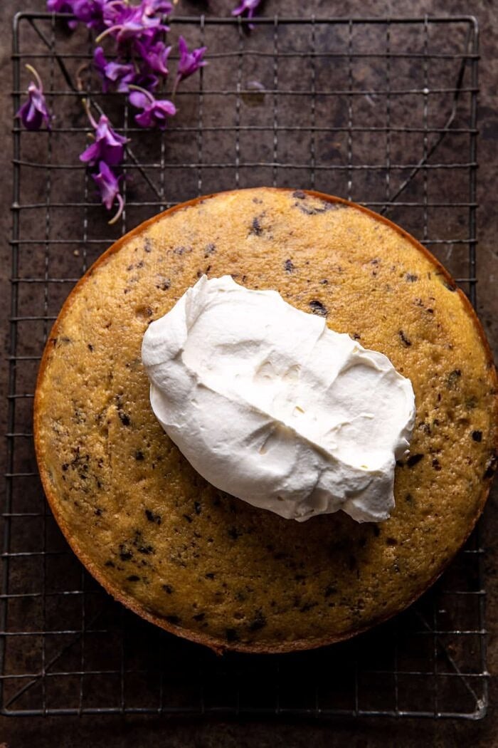 Vanilla Tiramisu Cake | halfbakedharvest.com prep photo of Vanilla Tiramisu Cake after baking with a dollop of frosting on top