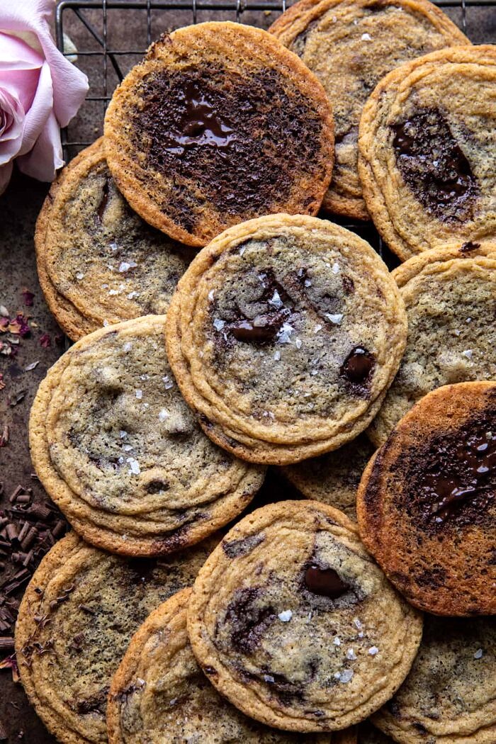 overhead photo of Brown Butter Malted Chocolate Chunk Cookies