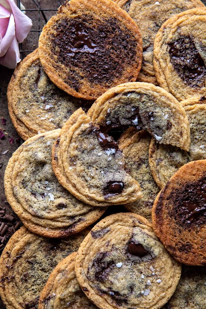 Brown Butter Malted Chocolate Chunk Cookie broken in half