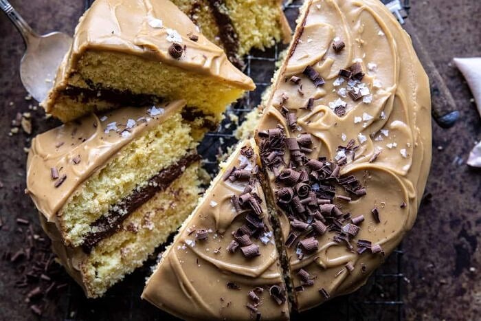 Caramel Butter Cake with Fudgy Chocolate Frosting | halfbakedharvest.com