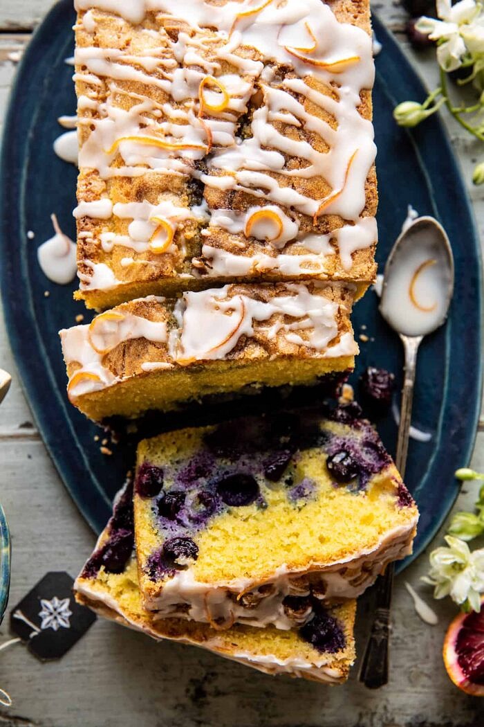 overhead close up photo of Earl Grey Blueberry Lemon Cake 