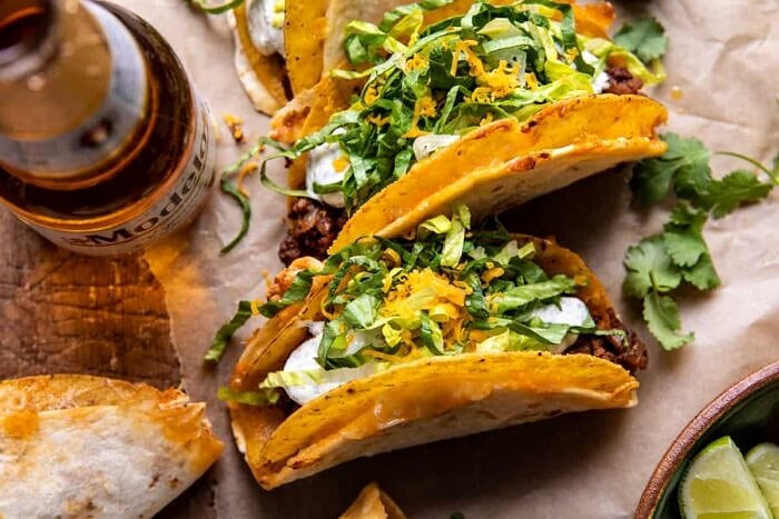 overhead horizontal photo of Homemade Cheesy Gordita Crunch Tacos