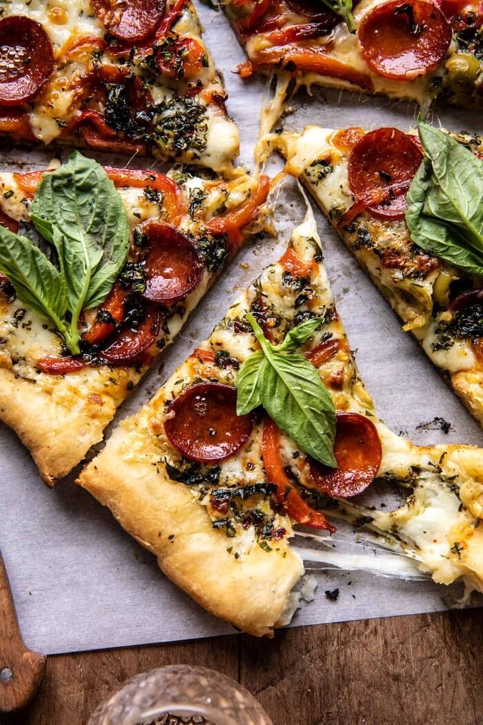 Pesto Pizza with Feta Stuffed Crust | halfbakedharvest.com