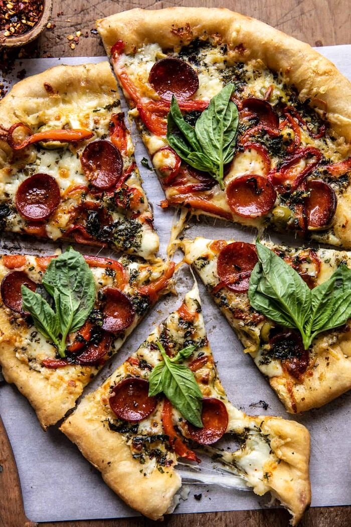 Pesto Pizza with Feta Stuffed Crust | halfbakedharvest.com