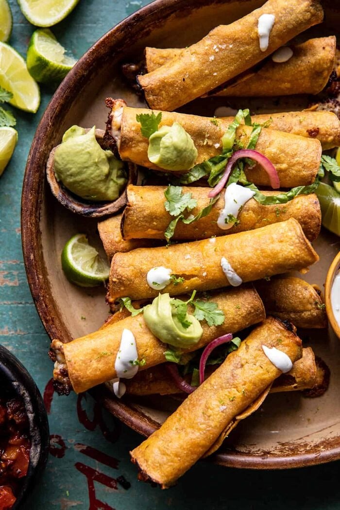 overhead photo of Queso Fundido Taquitos 