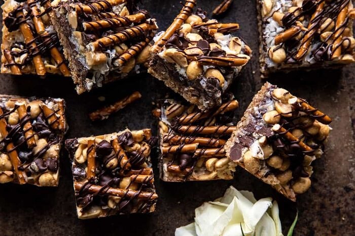 overhead horizontal photo of Salted Pretzel Magic Bars