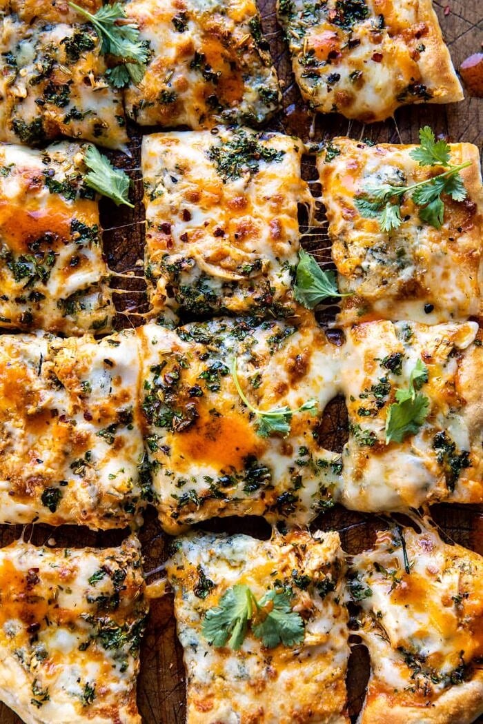 overhead close up photo of Sheet Pan Buffalo Chicken Pizza | halfbakedharvest.com