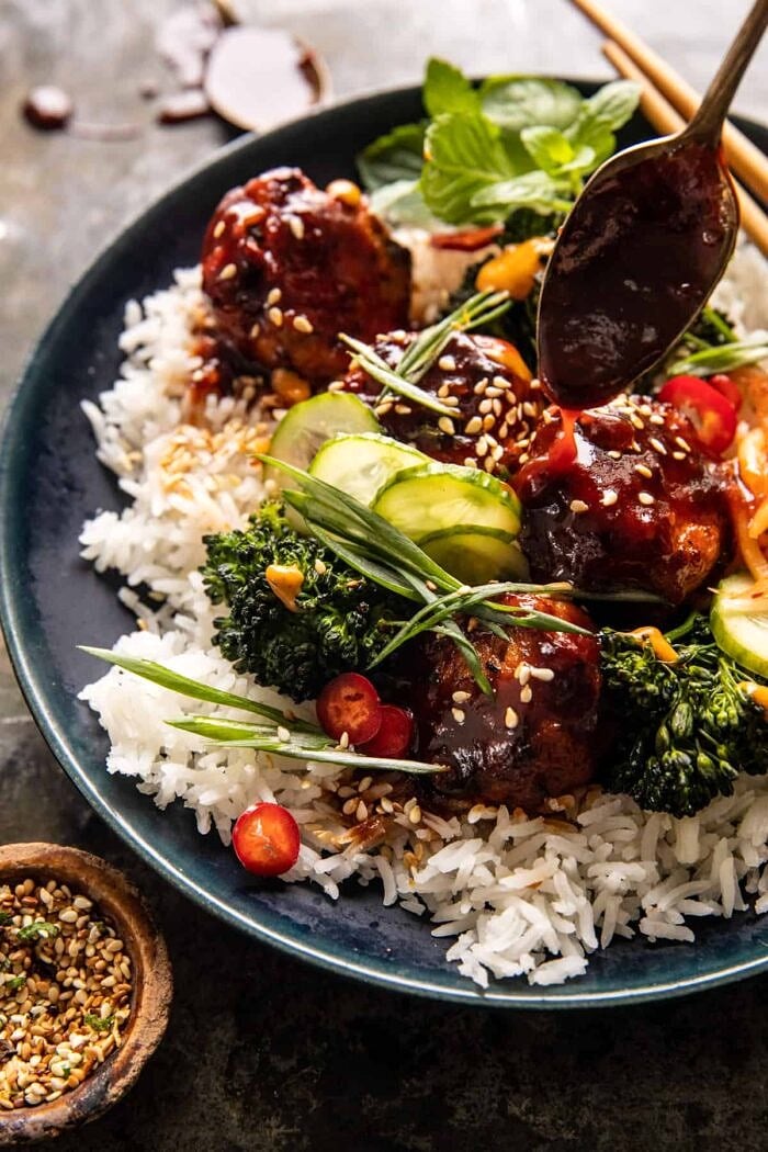 Sheet Pan Sticky Korean Chicken Meatballs with sauce drizzle 