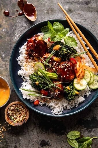 Sheet Pan Sticky Korean Chicken Meatballs | halfbakedharvest.com