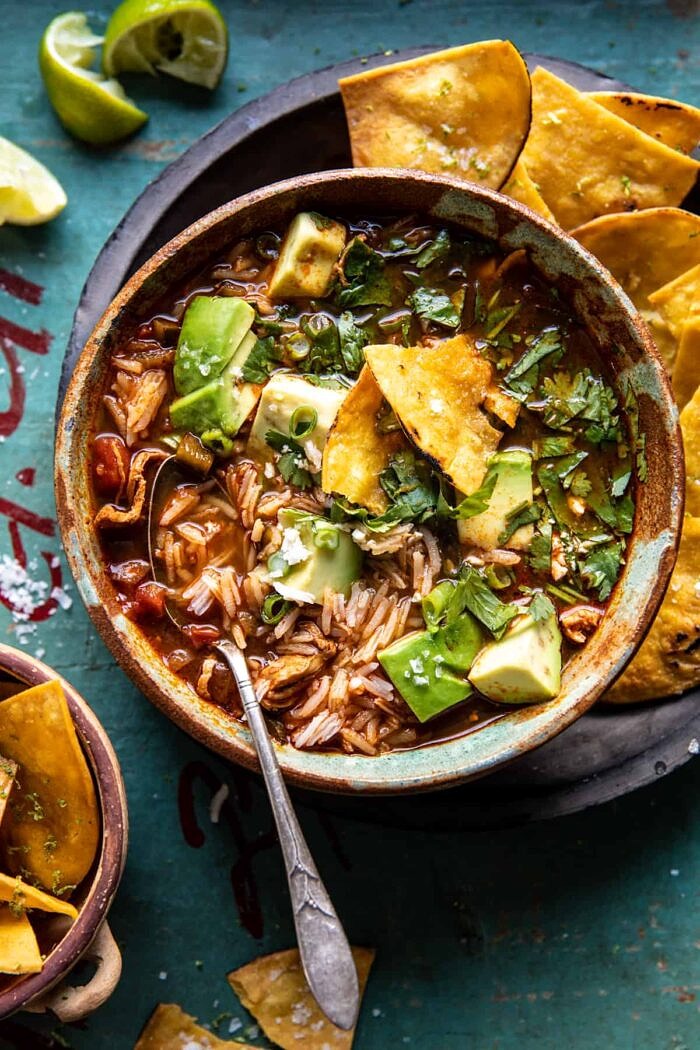 overhead photo of Slow Cooker Chipotle Chicken and Avocado Rice Soup 