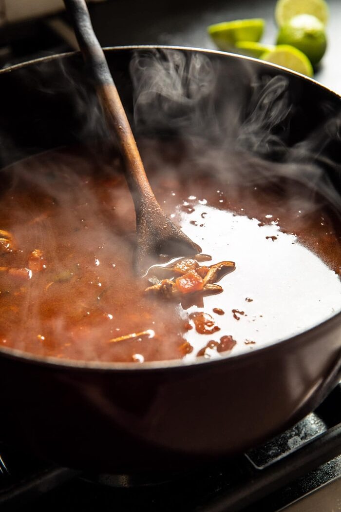 prep photo of Slow Cooker Chipotle Chicken and Avocado Rice Soup cooking in pot