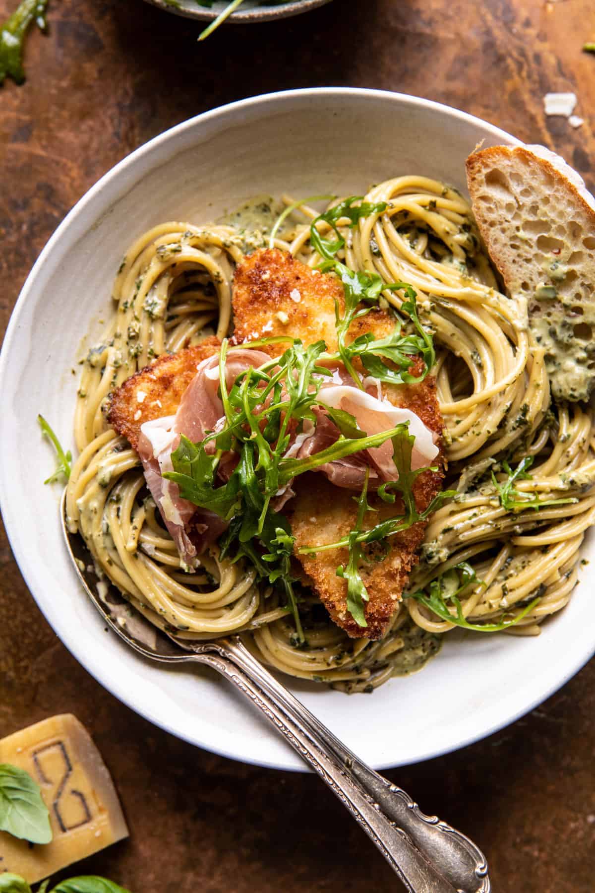 Basil Parmesan Pasta with Crispy Chicken, Prosciutto, and Arugula | halfbakedharvest.com