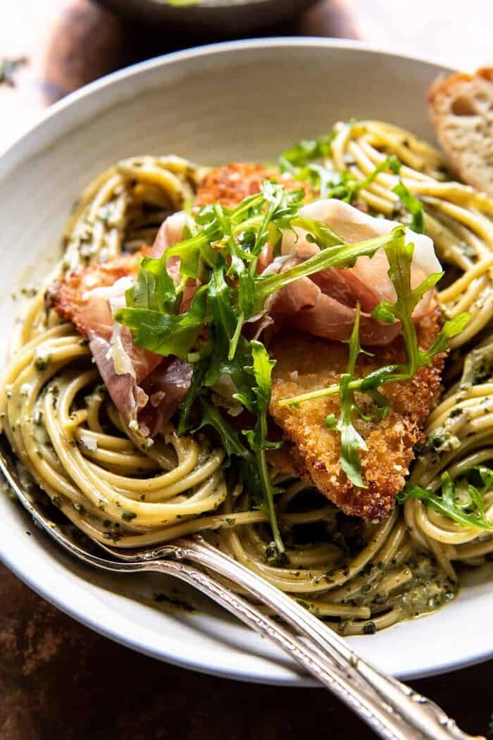 Basil Parmesan Pasta with Crispy Chicken, Prosciutto, and Arugula | halfbakedharvest.com