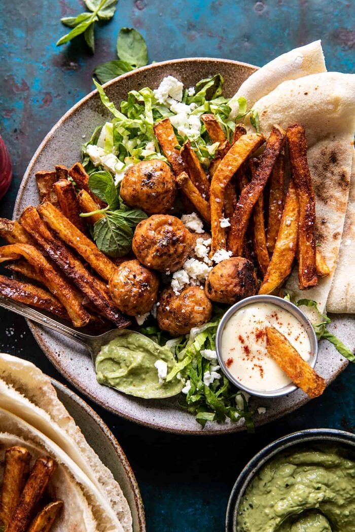 Chicken Meatball Pita Bowls with Seasoned Fries and Feta | halfbakedharvest.com