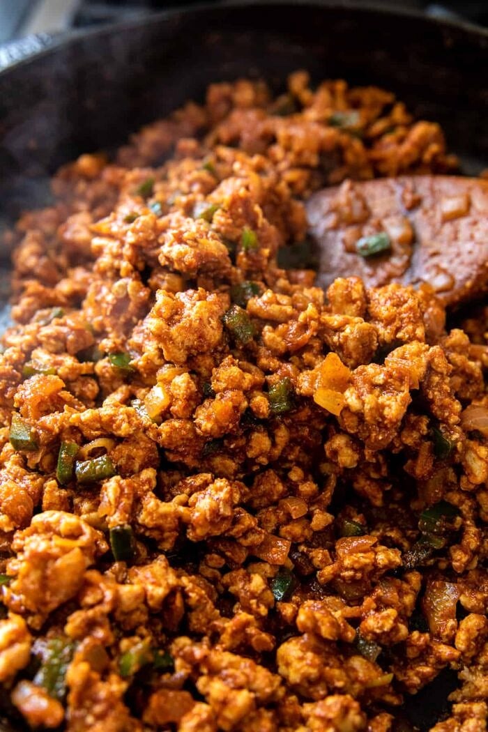 photo of seasoned ground chicken in skillet